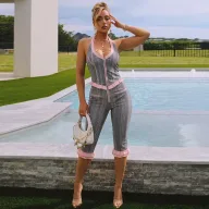 Summer Womens Outfit Set Unique Zipper Halter Neck Backless Top Ruffled Hem Slim Fit 5 Point Pants Casual Wear
