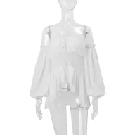 Off Shoulder Ruffled Blouse Slim Fit Lantern Sleeves Wrinkled Fabric Spring Fashion Wholesale Available