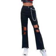 Womens Ripped Denim Pants Casual Style Chain Detail Black Available in XS to L Wholesale Supply custom packaging