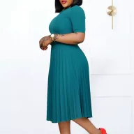 Pleated Midi Dress for Women Round Neckline Plus Size Available Green and Dark Blue Wholesale with Low MOQ