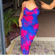 Summer Womens Floral Print Midi Dress with Spaghetti Straps and Backless Design in Purple Available in Multiple Sizes