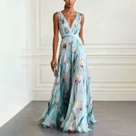 Floral Maxi Dress Casual Loose Fit Waist Defined V Neck Sleeveless Summer Vacation Wear Wholesale Available