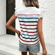 Lace Trim Ruffle Sleeve Striped T Shirt Summer Casual Style Lightweight Fabric Wholesale Available