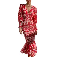 Elegant Womens Dress with Long Sleeves High Waist V Neck in Polyester Available in Multiple Colors and Sizes
