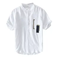 Mens Loose Fit Short Sleeve Solid Linen Shirt with Stand Collar for Summer