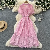 Pink Lace A Line Dress for Women Short Sleeve Collared Slim Fit Elegant Style for Parties and Events Wholesale