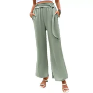 Womens Green Wide Leg Pants with Belt Summer Casual Style Lightweight Fabric ready to ship