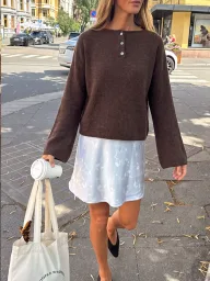Womens Oversized Knit Sweater Round Neck Button Detail Long Sleeve Solid Color Casual Autumn Winter Top OEM