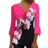 V Neck Loose Fit Ruffle Sleeve Printed T Shirt for Women in Red Casual Summer Style