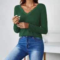Loose Fit Womens T Shirt V Neck Long Sleeve Lace Panel Design Casual Wear