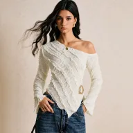 Asymmetrical Hem Long Sleeve T Shirt French Texture Slim Fit Flared Sleeve Casual Wear for Women Wholesale Available