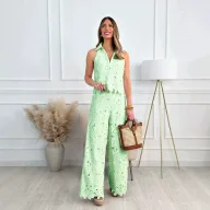 Womens Summer French Style Embroidered Hollow V Neck Tank Top and Wide Leg Pants Set in Multiple Colors Wholesale