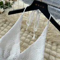 White Summer Vacation Set for Women Lace Trim Halter Neck Top and Chiffon Skirt Casual Beachwear