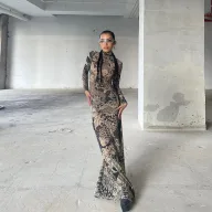 Sheer Floral Print High Neck Bodycon Dress for Women Khaki Spring Summer Fashion