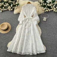 French Romantic Style Embroidered A Line Dress Lantern Sleeves High Collar Waist Defining Elegant Long Dress