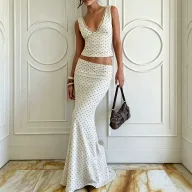 Womens Summer Vacation Set V Neck Sleeveless Polka Dot Top Long Skirt Stylish Comfortable Wholesale Available