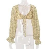 Womens Floral Print Long Sleeve Crop Top French Style Bell Sleeves Trendy Design Autumn Fashion Wholesale Available