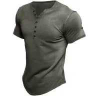 Mens Loose Fit Short Sleeve Stand Collar Cotton T Shirt Solid Pattern Available in Multiple Colors and Sizes