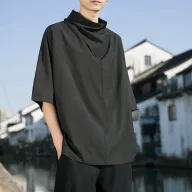 Mens Loose Fit Black T Shirt Short Sleeve High Neck Design Summer Casual Wear
