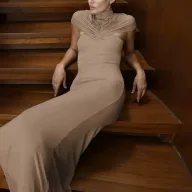 Elegant Sleeveless High Waist Solid Polyester Evening Dress in Khaki