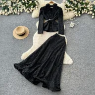 French Style V Neck Lace Top and Midi Skirt Set Elegant Slim Fit Autumn Wear Perfect for Office and Formal Occasions