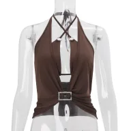 Womens Casual Two Piece Set Sexy Hollow Deep V Neck Halter Top Spring Fashion Available in Brown S M L