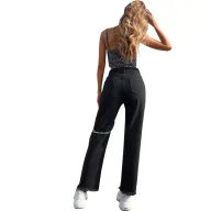 Womens Ripped Denim Pants Casual Style Chain Detail Black Available in XS to L Wholesale Supply custom packaging