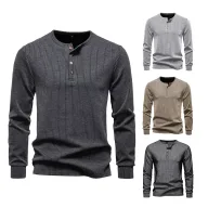 Mens Casual Long Sleeve Henley T Shirt Available in White Black Gray Khaki Wholesale Sizes S to XXL