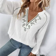 Loose Fit Embroidered V Neck Long Sleeve Shirt for Women Summer Casual Style Available in White Wholesale Options