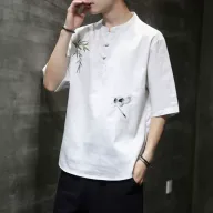 Mens Loose Fit Short Sleeve T Shirt Embroidered Linen Fabric Summer Casual Wear Available in Multiple Sizes and Colors