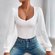 Womens V Neck Long Sleeve T Shirt with Puff Sleeves and Lace Trim in White for Spring Summer Casual Wear Wholesale
