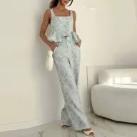 Womens Casual Summer Outfit Floral Print Ruffle Cami Set Available in White and Blue Wholesale Sizes S to 3XL