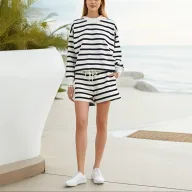 Womens Casual Striped Color Block Sweatshirt Set Loose Fit Long Sleeve Round Neck Top with Shorts Spring Autumn Wholesale