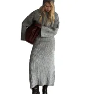 Womens Autumn Winter Solid Color Crew Neck Cable Knit Sweater Set with Wide Leg Pants and Scarf Wholesale