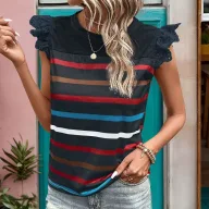 Lace Trim Ruffle Sleeve Striped T Shirt Summer Casual Style Lightweight Fabric Wholesale Available