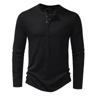 Mens Long Sleeve Collarless T Shirt in Solid Colors Made of Polyester for Spring Casual Wear
