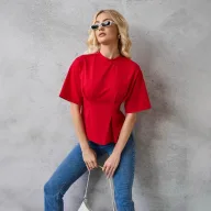 Loose Fit Waist Defined Cotton T Shirt for Women Short Sleeve Round Neck Solid Colors for Summer