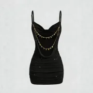 Womens Spring Summer Cross Back Dress Pleated Neckline Chain Detail Elegant Design Perfect for Parties and Events