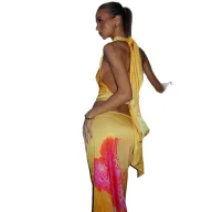 Backless Halter Neck Floral Print Top and Maxi Skirt Set for Summer Beach Vacation in Yellow S to L