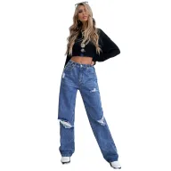 High Waist Wide Leg Distressed Denim Jeans for Women Casual Loose Fit Blue low MOQ