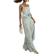 Womens Casual Summer Outfit Floral Print Ruffle Cami Set Available in White and Blue Wholesale Sizes S to 3XL