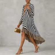 Elegant Long Sleeve V Neck Dress Ruffle Hem for Holiday Wear in Polyester
