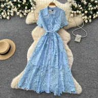 Pink Lace A Line Dress for Women Short Sleeve Collared Slim Fit Elegant Style for Parties and Events Wholesale