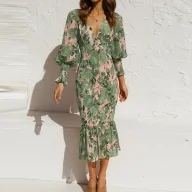 Elegant Womens Dress with Long Sleeves High Waist V Neck in Polyester Available in Multiple Colors and Sizes