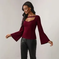 Bell Sleeve T Shirt for Women Hollow Design Slim Fit Long Sleeve Top Casual Office Wear