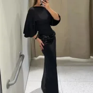 Elegant Black Formal Long Dress with High Waist Long Sleeves Solid Pattern for Special Occasions