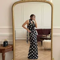 Womens Summer Two Piece Set Polka Dot Print V Neck Sleeveless Top and Midi Skirt Casual Fashion