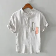 Mens Loose Fit Short Sleeve Solid Linen Shirt with Stand Collar for Summer