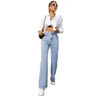 High Waist Casual Straight Leg Jeans for Women Light Blue Comfortable Fit low MOQ
