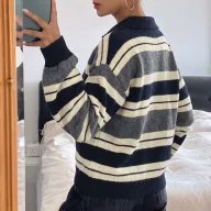 Loose Fit Striped Knit Sweater for Women Soft Fabric Classic Collar Casual Style Available in Blue Wholesale